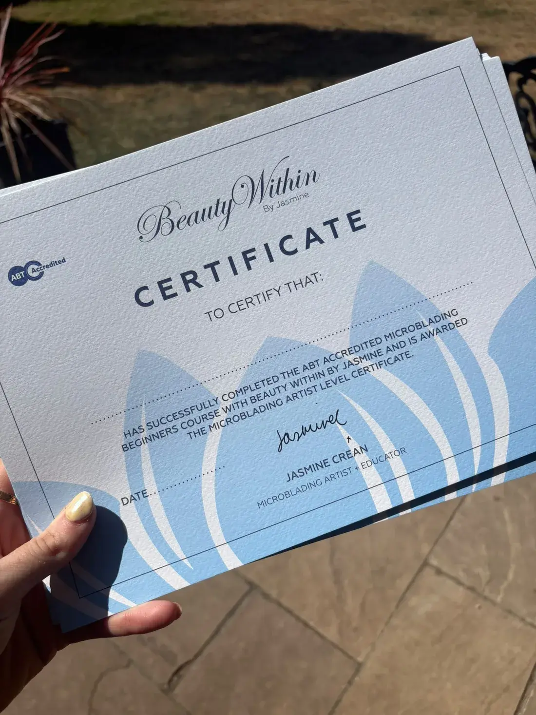 The ABT-accredited Beauty Within by Jasmine microblading course certificate