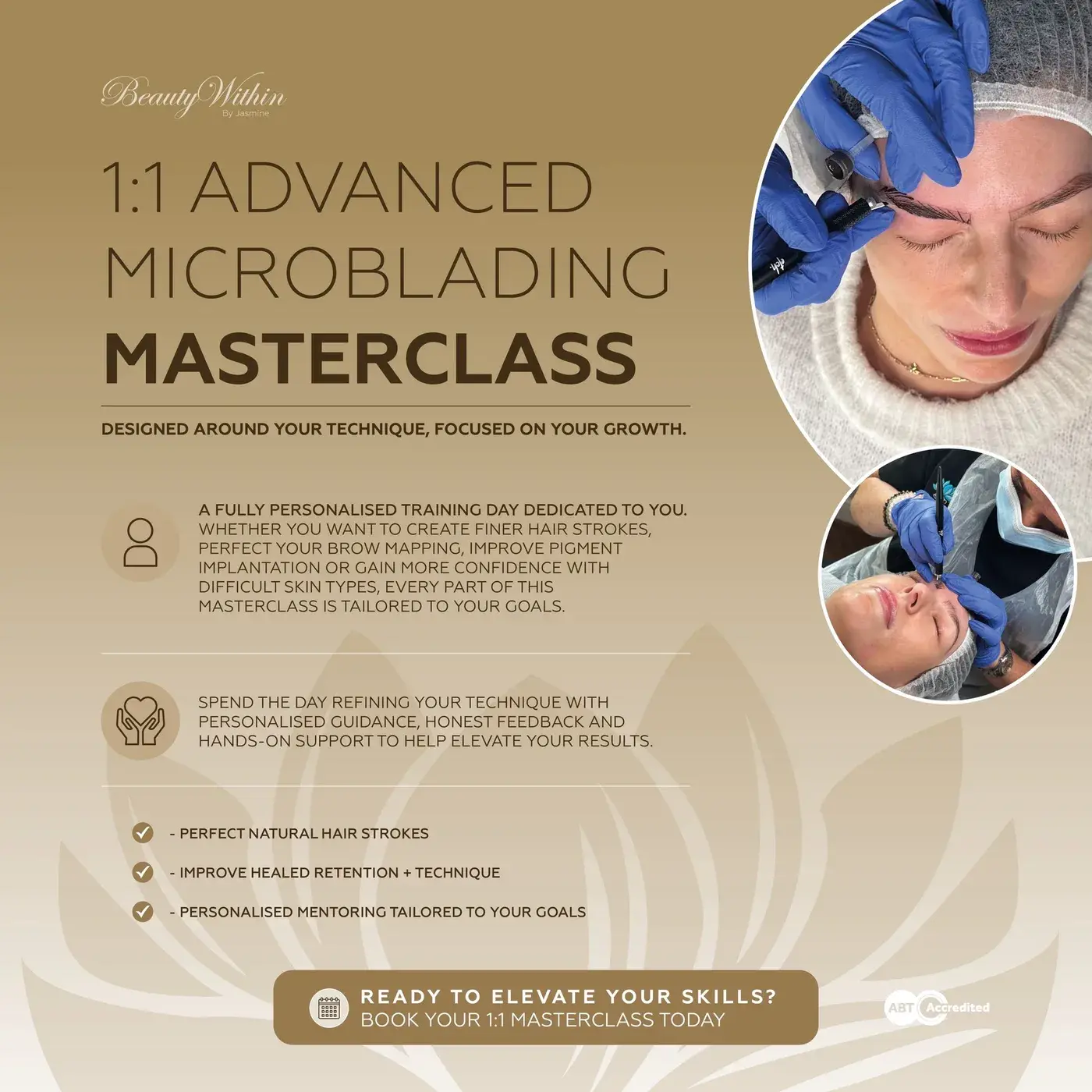 1:1 Advanced Microblading Masterclass — a personalised training day for qualified artists, designed around your technique and focused on your growth